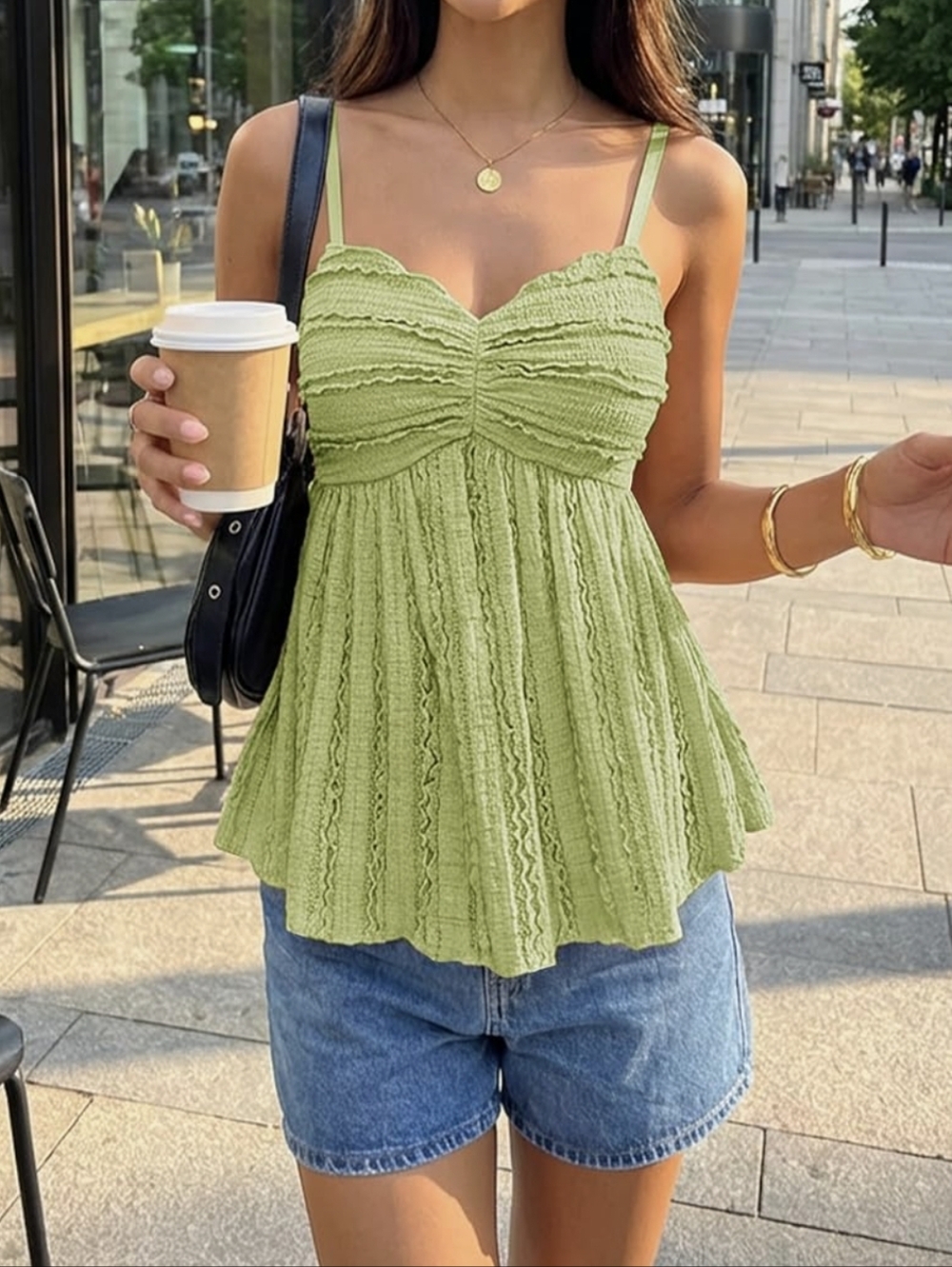 Lace-Trim Smocked Spaghetti Strap Top - Picture 2 of 5
